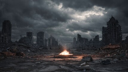 Fototapeta premium Post-apocalyptic Cityscape with Fire and Overcast, Dark Sky