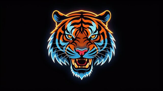 Vibrant neon glowing tiger head illustration with fierce expression on a dark background. - Powered by Adobe