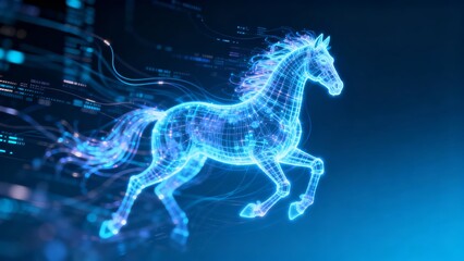 A digital wireframe horse in motion illuminated with blue light against a futuristic technological background.