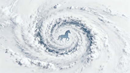 A surreal image of a horse silhouette at the eye of a swirling cloud formation blending natural and fantastical elements.