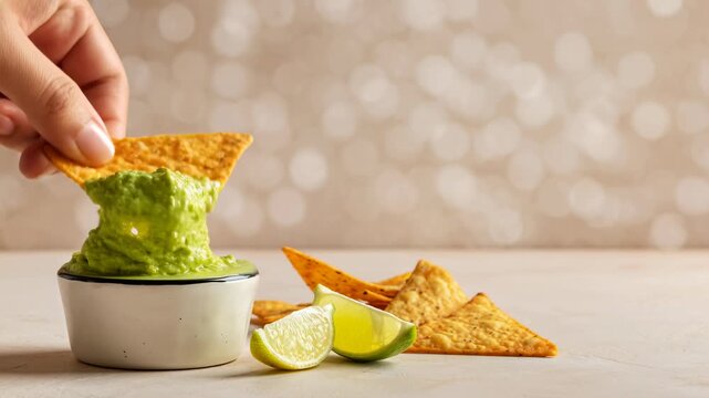 Minimalist healthy meal with hand dipping tortilla chip into creamy guacamole in white bowl, lime wedges, avocado dip, and chips on light background for snack concept
