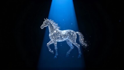 A luminous star-like horse appears to gallop gracefully under a focused blue spotlight against a dark background.