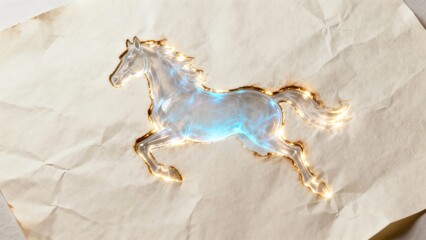 A translucent blue glass horse with golden edges appears to leap dynamically on a crumpled beige paper background showcasing intricate craftsmanship and artistic design.
