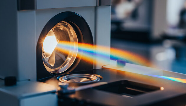 Light passing through a scientific instrument creating a rainbow effect.