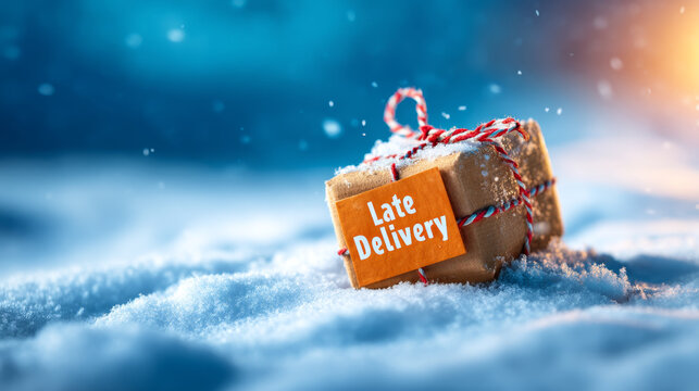 Late delivery package wrapped in brown paper and red string sits on snowy ground outdoors, festive winter atmosphere with blue background and falling snowflakes