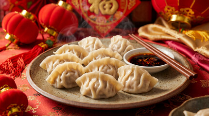 Steaming jiaozi dumplings with chopsticks and soy sauce for chinese celebration