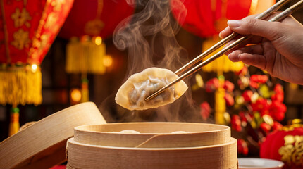Hand picking steaming dumpling from bamboo steamer for new year