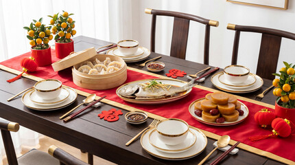 Chinese new year traditional family reunion dinner table set