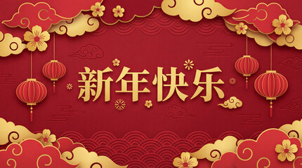 Chinese new year greeting banner with lanterns and clouds