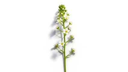 Fototapeta premium A delicate white flower with small petals blooms on a slender green stem, set against a clean white background.