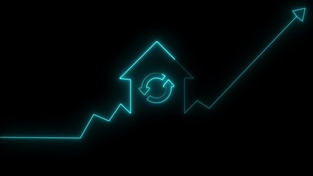 Home icon house sign neon lights animation with up arrow recycle, refresh icon. 4k video. home building animation. Neon home business graph icon animation, Neon line refresh arrow icon Abstract neon