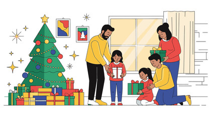 A family of four exchanging gifts on Christmas Day in a cozy living room with a decorated tree and presents.