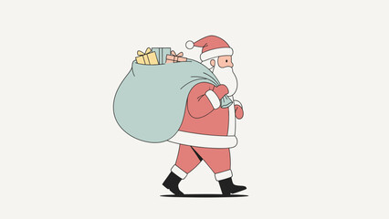 Cartoon Santa Claus walking with a large sack of toys on Christmas Day against a plain background.