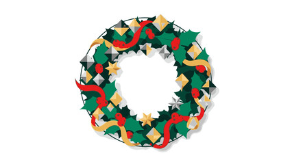 A festive Christmas Day wreath made of green, red, and gold ribbons on a clean white background with a shallow focus effect.