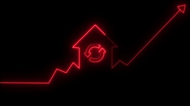 Home icon house sign neon lights animation with up arrow recycle, refresh icon. 4k video. home building animation. Neon home business graph icon animation, Neon line refresh arrow icon Abstract neon