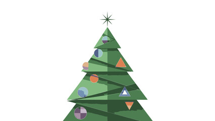 A stylized Christmas tree with colorful ornaments and a star on top against a plain white background.