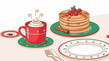 Illustration of a festive Christmas Day breakfast setting with pancakes, strawberries, and hot chocolate on a decorated table.