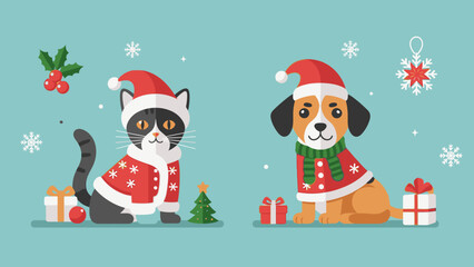 Festive cartoon cat and dog wearing Christmas sweaters and hats, sitting with gifts and decorations on a teal background, conveying a joyful Christmas Day mood with a flat, animated style.