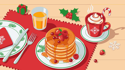 Flat lay of a festive Christmas Day breakfast spread with pancakes, syrup, and hot chocolate on a red placemat against a wooden table background with holly and snowflakes.
