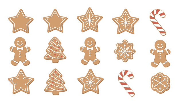 Assorted Christmas cookies and candy canes arranged on a white background, including gingerbread men, trees, stars, and snowflakes.