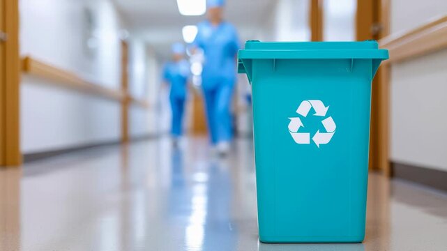 Recycling hospital waste bin hallway with blue healthcare clean environment medical corridor promotes sustainability, responsibility, sanitation, safety, sterile indoor plastic facility