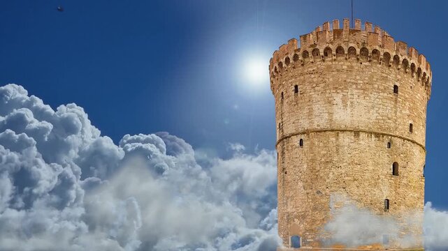 white tower in salonica sun clouds greece