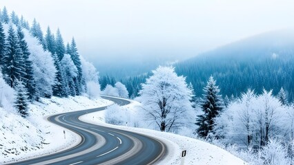 Winding road through snowy forest landscape with frosted trees and hills