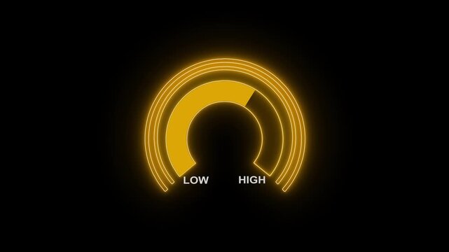 4k video Animated digital semicircle gauge presentation template, moving from extremely low to safe high reading, level indicator, measurement instrument, warning message, risk assessment concept. 