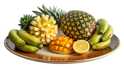 Fresh fruit arrangement on a plate isolated on a transparent background pineapple bananas