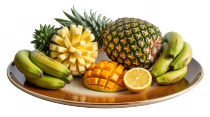 Fresh fruit arrangement on a plate isolated on a transparent background pineapple bananas