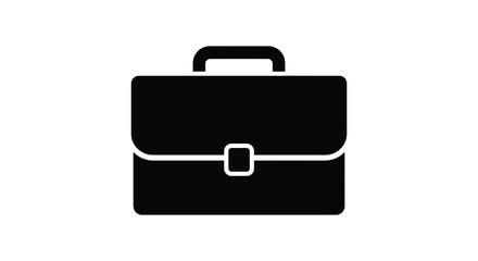 A simple black icon depicting a classic briefcase design with a handle a lock and silhouette