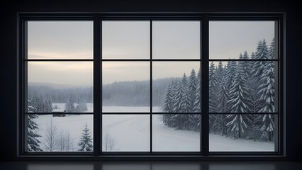 Fototapeta premium Snowy landscape viewed through a large window with a black frame on a gray day outside