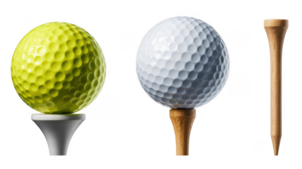 Golf balls and tee isolated on a transparent background white yellow