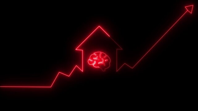 Home icon house sign neon lights animation with up arrow human brain. Neon House, home building animation. Neon home business graph icon animation. 4k video on black background.