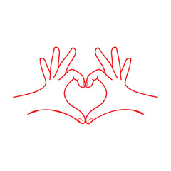Obraz premium Red Outline Hands Making Heart Shape Minimalist Line Art Vector Design Isolated on White Background