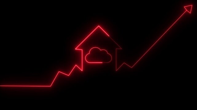 Home icon house sign neon lights animation with up arrow cloud storage icon. Neon House, home building animation. Neon home business graph icon animation.  hi tech motion graphic on black background.