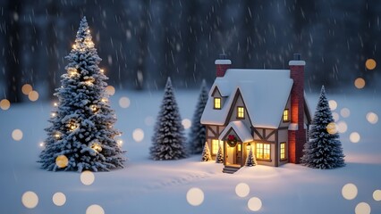 Fototapeta premium Cozy snowcovered house with lit windows and christmas trees in a serene winter landscape at night with snowflakes falling gently