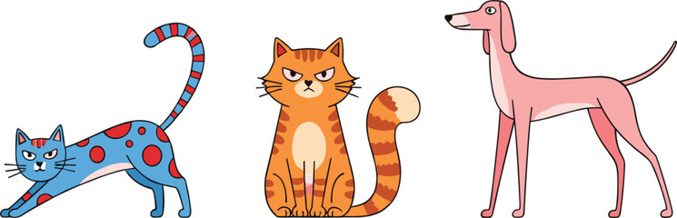 Cute cartoon cats and dog character set in flat style, playful pet animals vector illustration