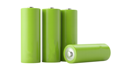 Four bright green aa batteries representing renewable energy storage concepts