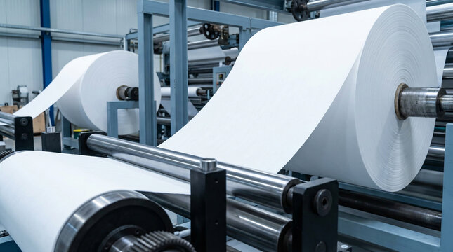 Large white paper rolls on an automated industrial machine in a clean factory. Manufacturing process for paper, textile, or packaging material