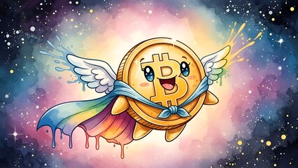 Cute Bitcoin Superhero Flying in Space, Cryptocurrency Cartoon