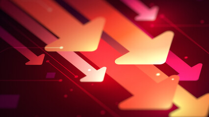 Economic crisis recession financial market drop, Glowing downward arrows on abstract red background