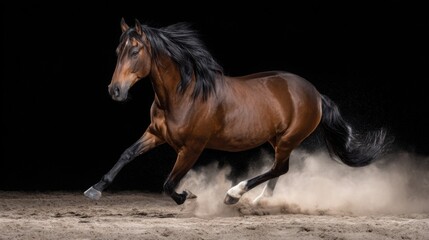 Majestic Brown Horse Galloping with Grace in Dusty Arena