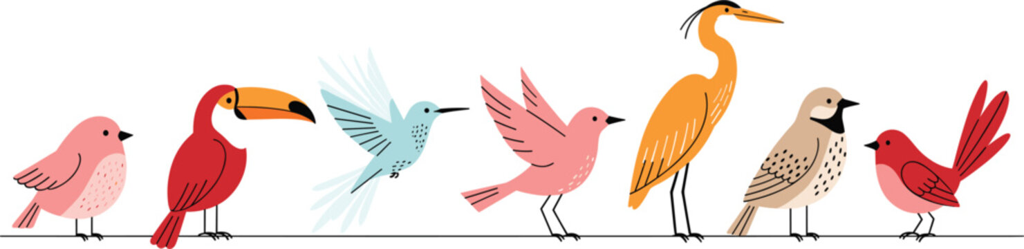 Cute colorful birds sitting on a wire in a row, flat vector illustration with minimal Scandinavian style