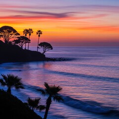 Tropical coastal sunset with palm tree silhouettes and purple ocean waves