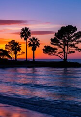 Tropical Sunset with Palm Tree Silhouettes by the Sea