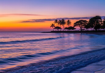 Tropical beach coastline with palm trees and calm sea at sunset. Summer vacation and travel. Wide angle seascape view with copy space