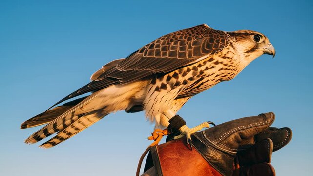 Uae national day falcon bird perched glove hand symbolizing tradition heritage pride clear blue sky outdoors with sunlight highlighting feather detail majestic powerful raptor wildlife desert closeup