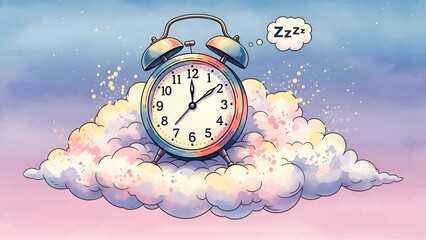 Alarm Clock on Cloud Illustration Sleep, Dream, Time Management