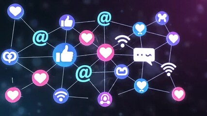 Dynamic network of social media icons representing global digital communication, online connections, likes, shares, and internet connectivity. - Powered by Adobe